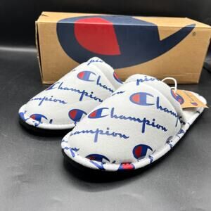 NEW Champion Script Men's Slippers Size 9 White Blue CP101471M French Terry